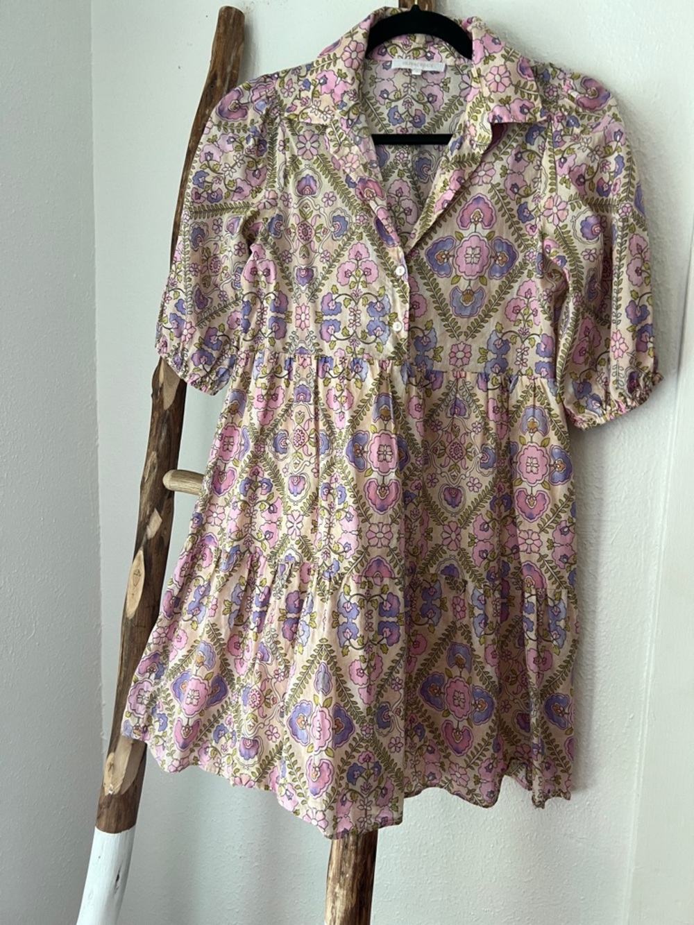 Olivaceous Pink Purple Cream Floral Tiered Cotton Short Puff Sleeve Mini Dress S - Picture 4 of 7